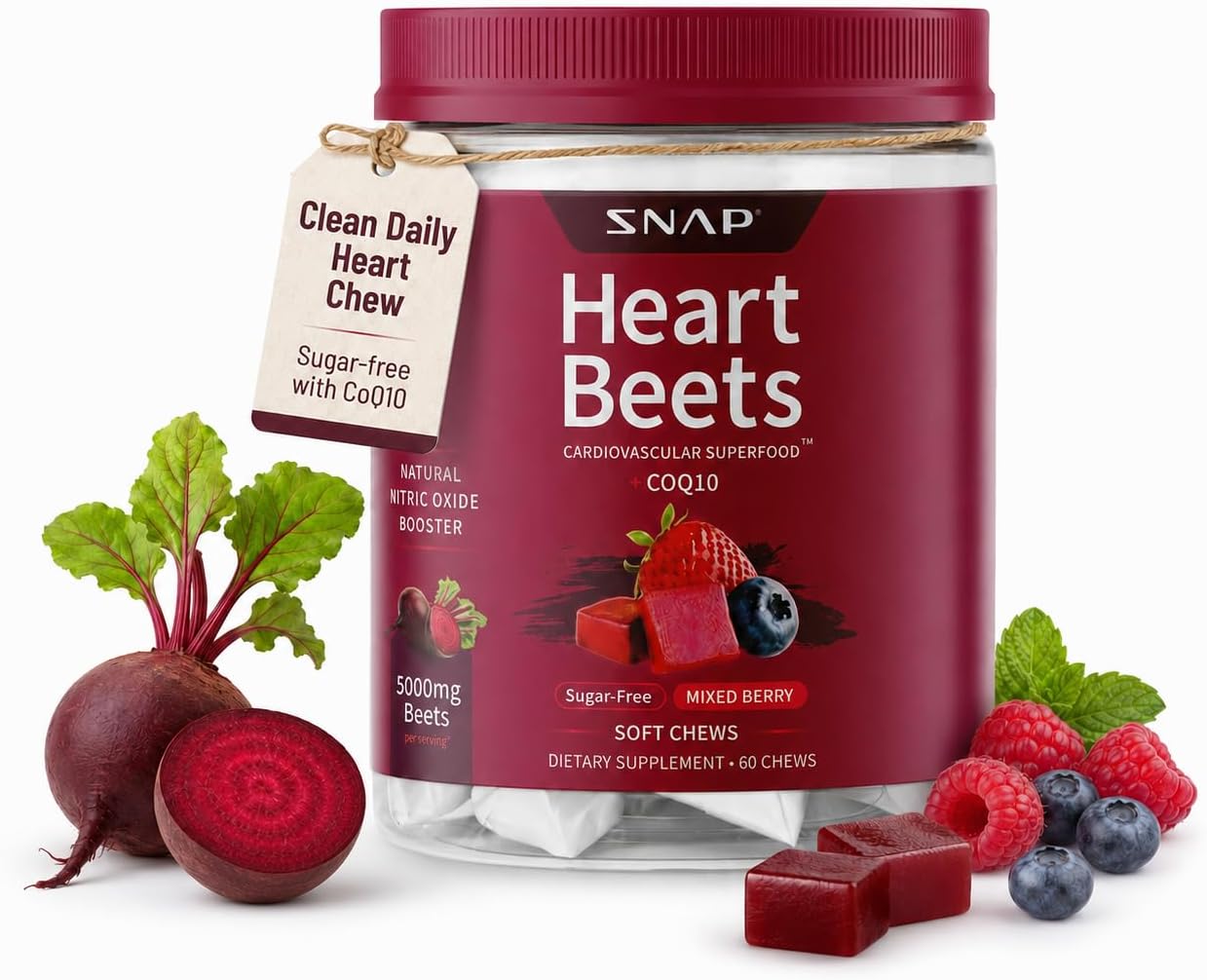 Snap Supplements Beet Root Soft Chews for Adults 35+ and Heart Health Shoppers - Sugar Free, Beetroot Extract with CoQ10, Mixed Berry Flavor, Vegan Formula, 60 Daily Heart Support Chews