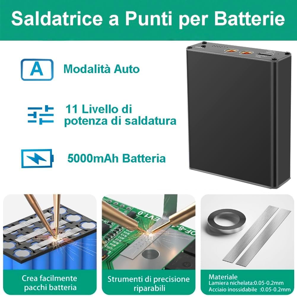 Batteria Spot Welder con 11 livelli di potenza di saldatura, 5000mAh batteria, 2M foglio di nichel-plate, per la fabbricazione di pacchi batteria (Nero)