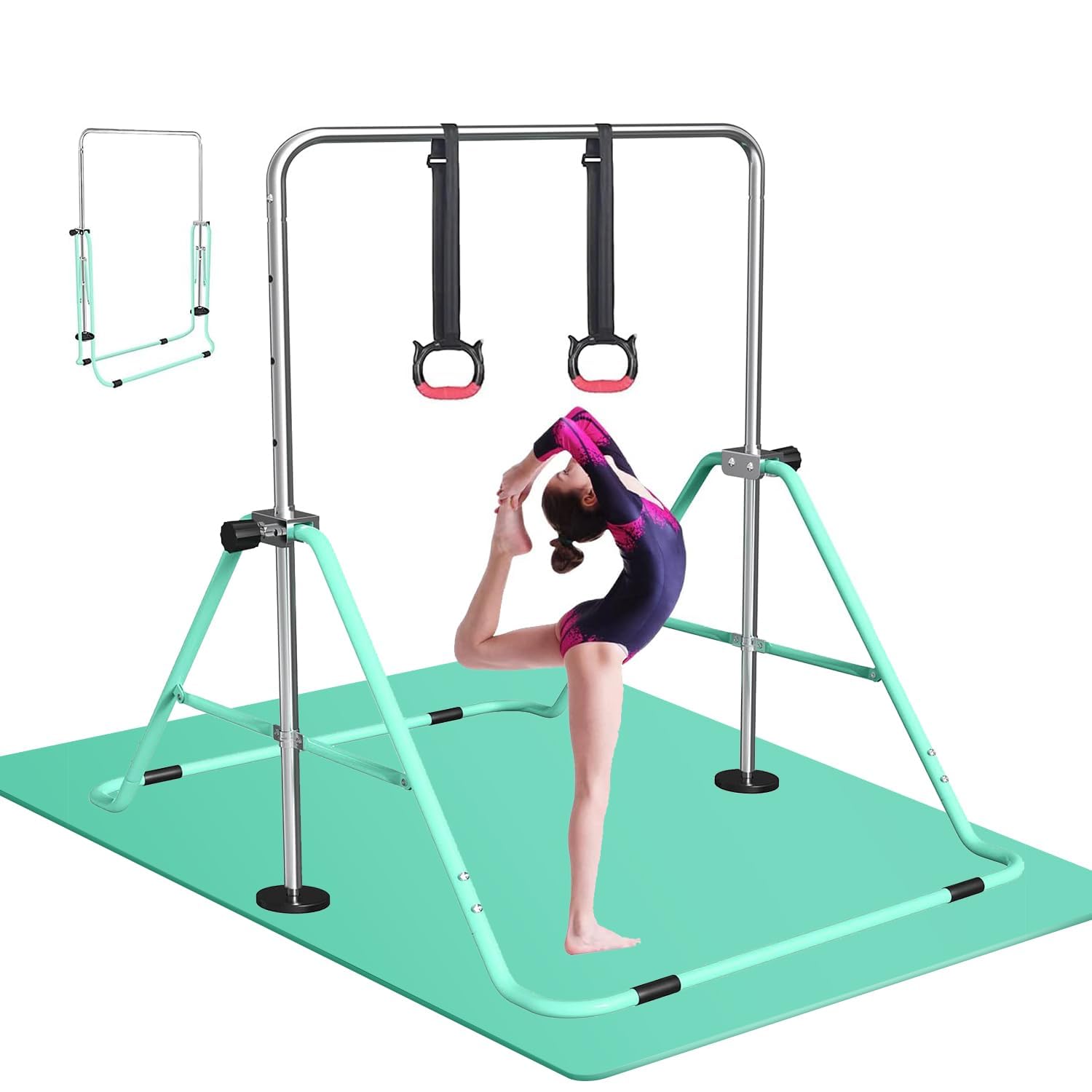 FBSPORT Gymnastics Bar with Mat, Folding Horizontal Bar Gymnastics Equipment for Kids Home Training, Expandable Gymnastics Training Bar Junior with Adjustable Height for Girls Boys