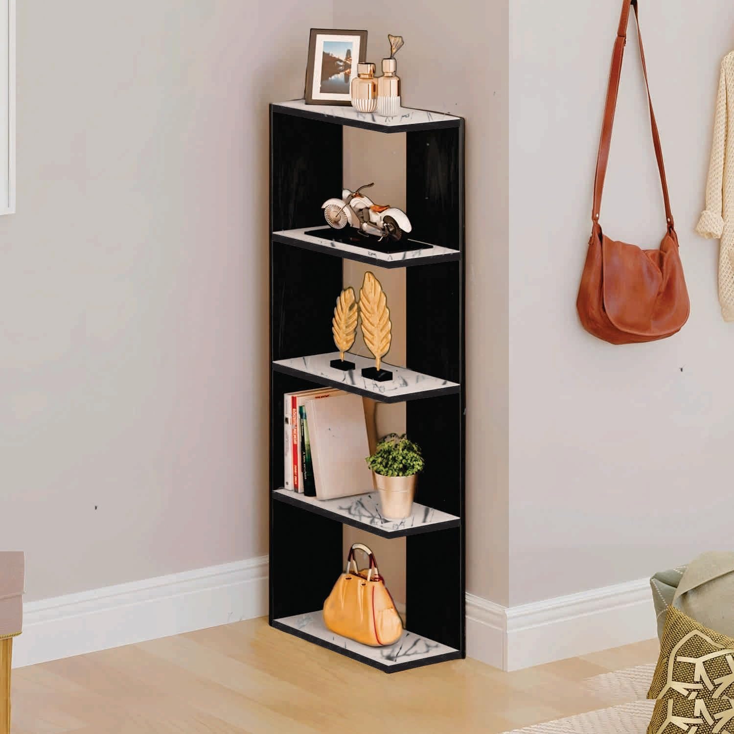 Dime Store Engineered Wood Multi-Tier Book Rack Storage Organizer Shelf - Display Organizer Open Shelf Tall Display Unit Book Stand Multipurpose Kitchen Cabinet Rack (Black & White)-image-13
