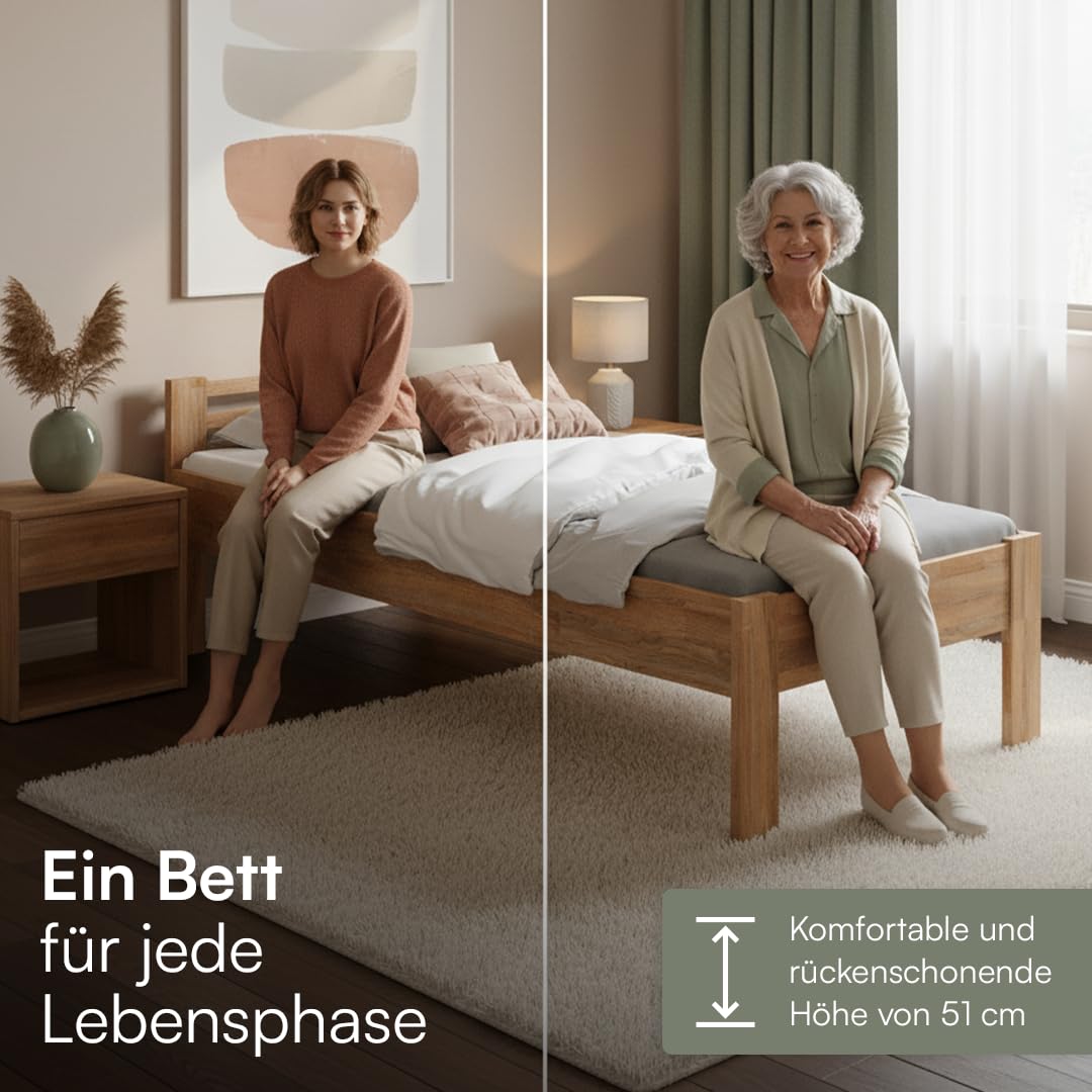 skølm Fenrir Massivholzbett 90x200 cm – Einzelbett aus massiver Eiche – Holzbett Natur geölt - Bettgestell 51cm hoch – Bettrahmen stabil aus Holz mit Bettkopfteil - Seniorenbett mit erhöhtem Einstieg