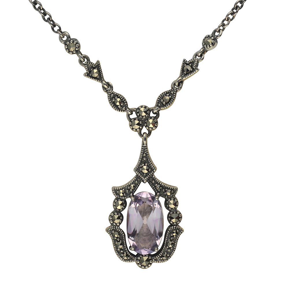 Esse MarcasiteSterling Silver Oval Amethyst & Marcasite Art Nouveau Necklace of Length 42-47cm