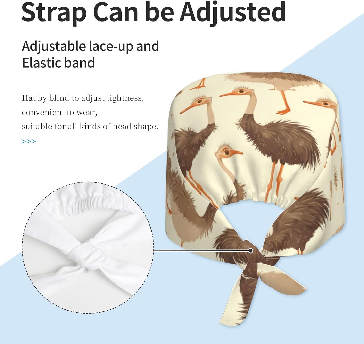 Breathable Work Hat Cute Ostrich Printing for Chef, Nursing, Spa, Facial Care, Fitness Black