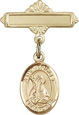 Gold Filled Baby Badge with St. Bridget of Sweden Charm and Polished Badge Pin 1 X 5/8 inches