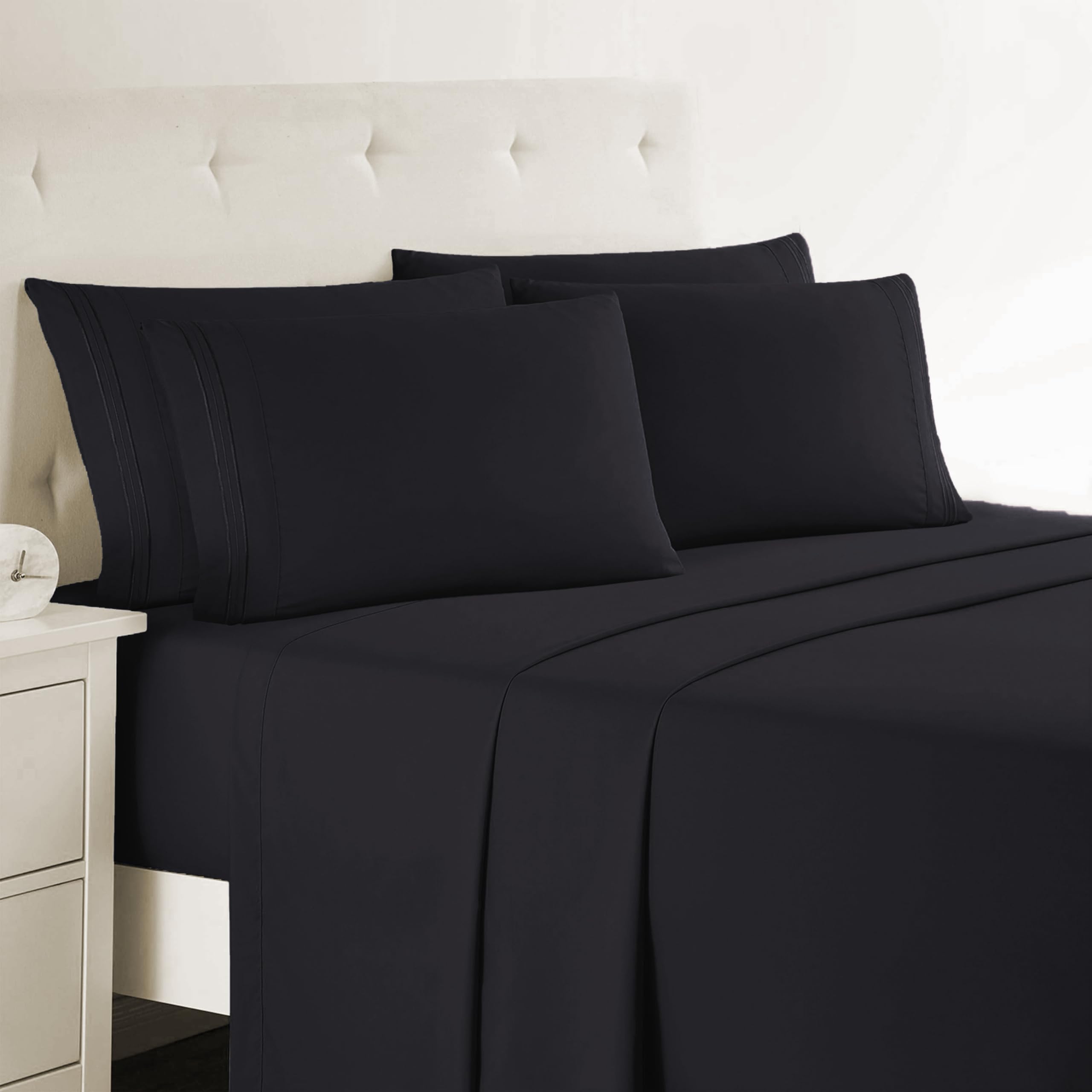 Clara Clark Queen Sheets, 6 Piece Set - Hotel Luxury Sheets for Queen Size Bed, Super Soft Bedding Set, Black Black Queen