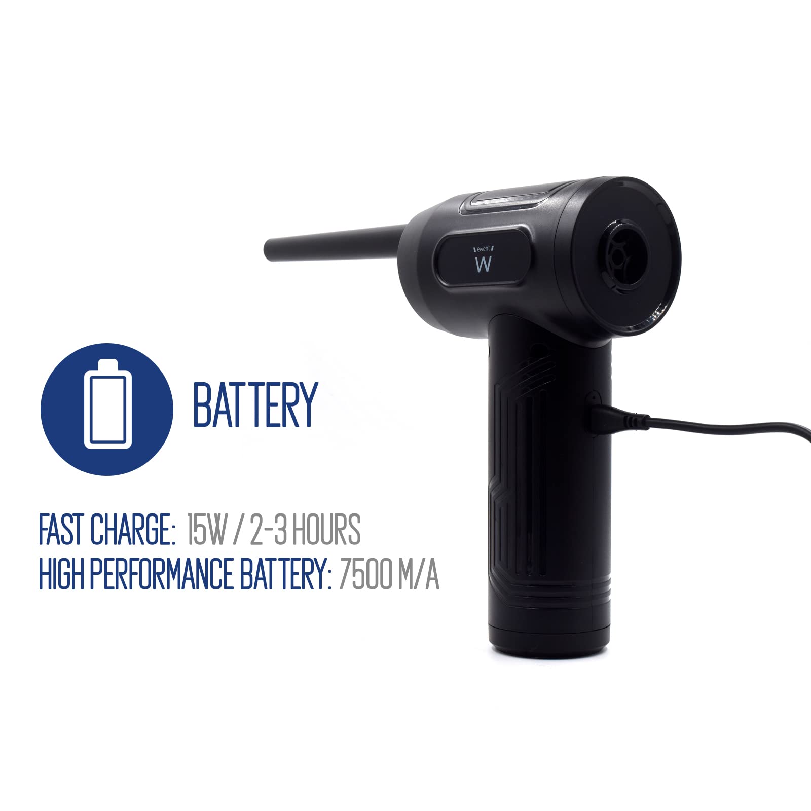 Ewent EW5607 Bezprzewodowa elektryczna dmuchawa powietrza, 7500 mAh, szybkie ładowanie, do komputera, samochodu, sprzątania domu, nadmuchiwania materaca, sprężonego powietrza, moc 60 W, funkcja