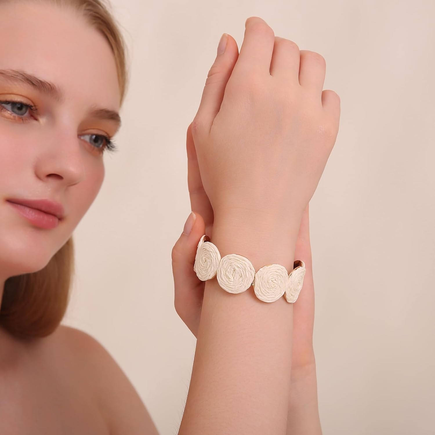 Raffia Multiple Circles Cuff Bracelet for Women, Handmade Colorful Round Bangle Geometric Adjustable Statement Bracelet - Image 3