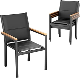LIFERUN Gartenstuhl 4er Set, Aluminium, mit Gesteppte Rückenlehne & Sitzfläche, Stapelbarer Esszimmerstuhl, WPC Handlauf, Balkonstühle, für Terrasse, Balkon, Terrasse, Pool, Restaurants, Schwarz,4 PCS