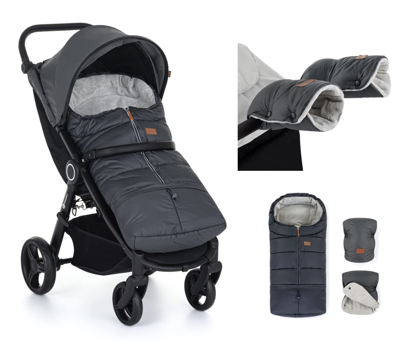 Petite&Mars Sacco Invernalne Universale per Passeggino JIBOT con i Guanti JASIE Grigio * Sacco Termico, Passeggino, Navicella e Seggiolino Auto * Caldo * Impermeabile * Antivento (Charcoal Grey)