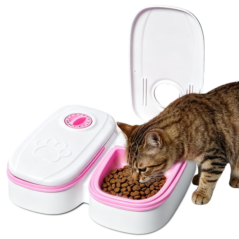 Futterautomat Katze Nassfutter, 2 PCS Nassfutterautomat für Katzen | 2x350ml, 48h timer, dual slots, abs material, battery powered, easy clean, pet owners, weekend travel, freshness seal
