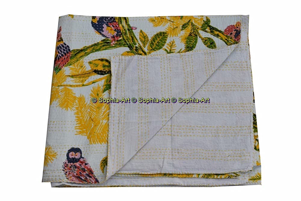 Couvre-lit Kantha Fait Main - Motif Singe Et Floral - Coton Naturel - Réversible - California King