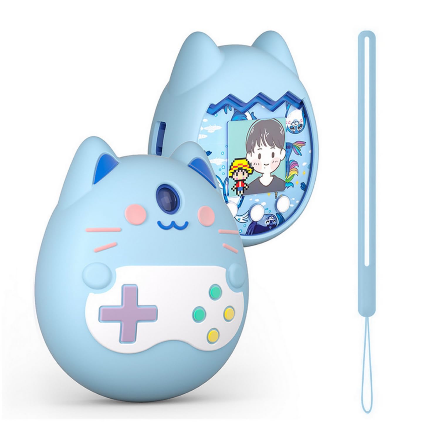 SKEIDO Soft Silicone Cover Case for Tamagotchi Pix Virtual Pet Game Console Protective Cover with Lanyard Gifts For Kids (Only Shell) (Blue)