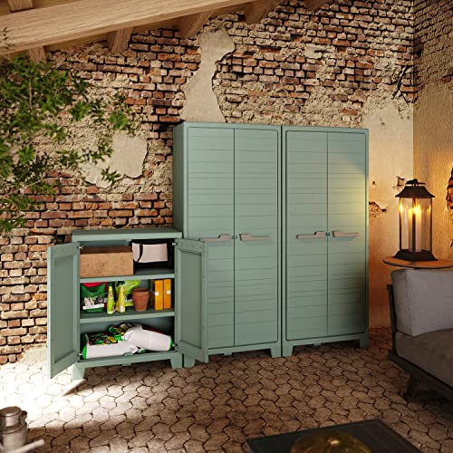 Keter Planet Outdoor Kunststoffschrank, niedrig, jadegrün, 80 x 44 x 100 cm, inkl. 2 höhenverstellbaren Böden mit je 30kg Tragkraft, für drinnen und draußen geeignet, UV- und wasserbeständig (IPX3)