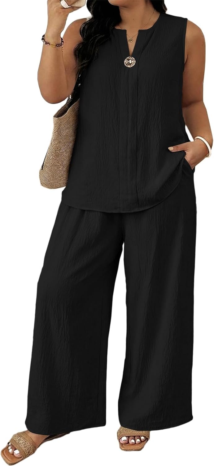 Eytino Plus Size 2 Piece Sets for Women Summer Travel Vacation Outfits Sleeveless Tops Wide Leg Pants Matching Sets(1X-5X)