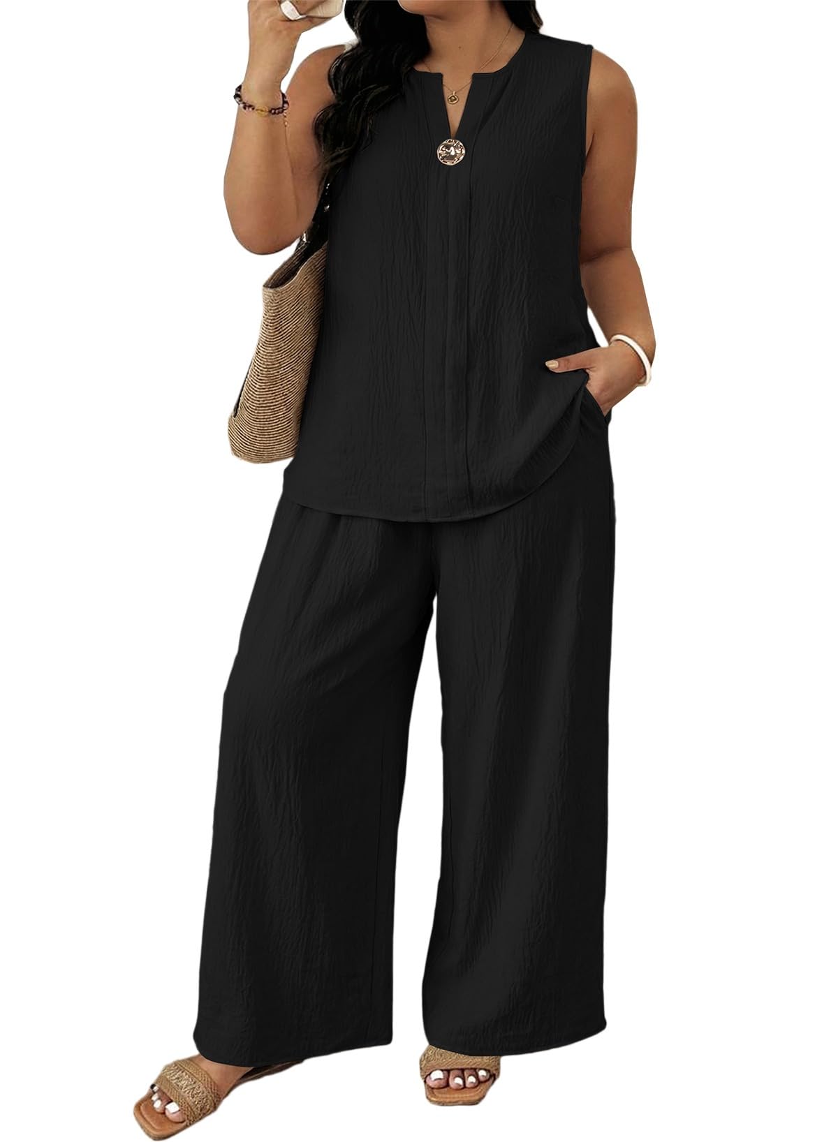 Plus Size 2 Piece Sets Sleeveless Tops Wide Leg Pants