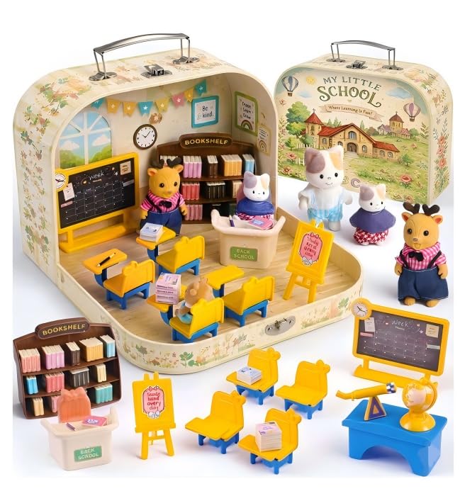 TinkerPlay Suitcase Dollhouse Set for Kids, Portable Miniature Dollhouse with Flexible Dolls, Pretend Play Set Christmas Birthday Gift for Girls & Boys Age 3+