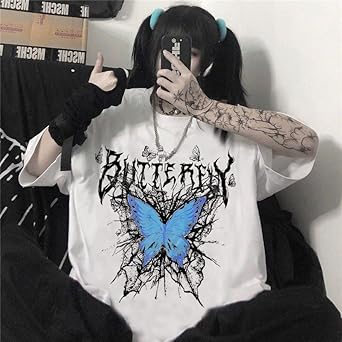 Gothic Round Neck T-Shirt for Women - Loose Dark Ins