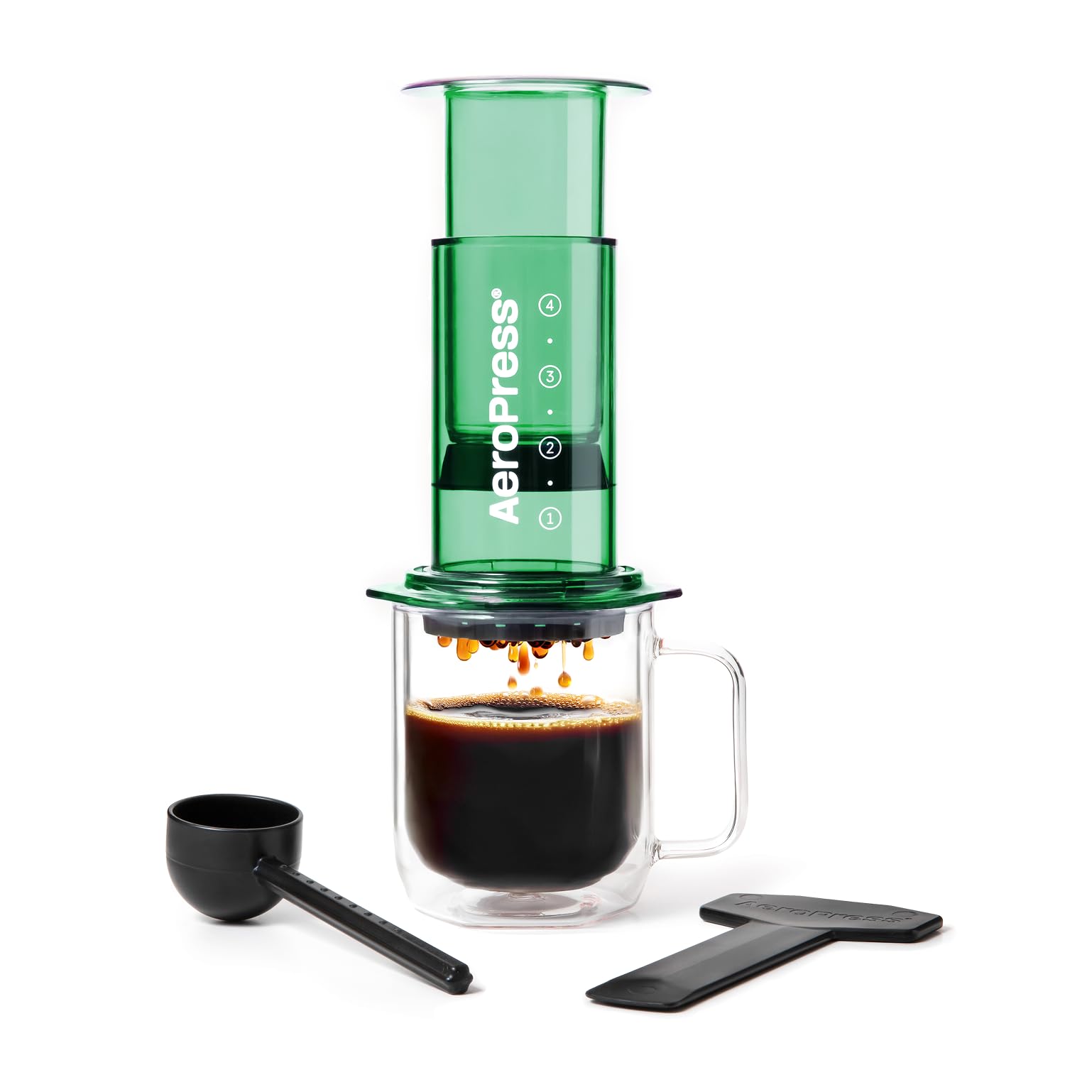 Aeropress Clear Coffee Press – 3 In 1 Brew Method Combines French Press, Pourover, Espresso, Full Bodied Coffee Without Grit or Bitterness, Small Portable Coffee Maker for Camping & Travel, Green