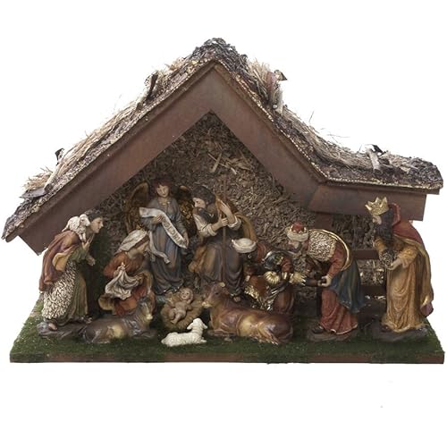 Kurt Adler 12-Inch Nativity Set with Stable and 10 Figures,Brown