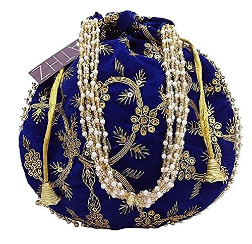 ATHZ Potli Bag Velvet Golden Work Wedding Potli for Ladies (Dark Bright Black, Beige, Blue) - Handbag 2