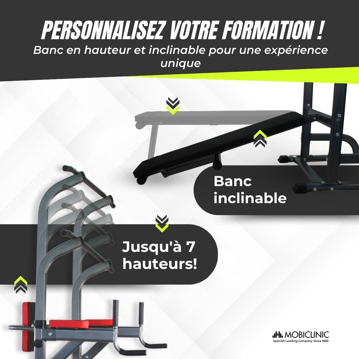 Mobiclinic®, Station de Musculation avec Banc, 9 en 1, Pliable, Domifit, Réglable 8 Hauteurs, Barre Traction, Banc Incliné, Support pour Haltères, Multifonction, Antidérapant, Rembourré
