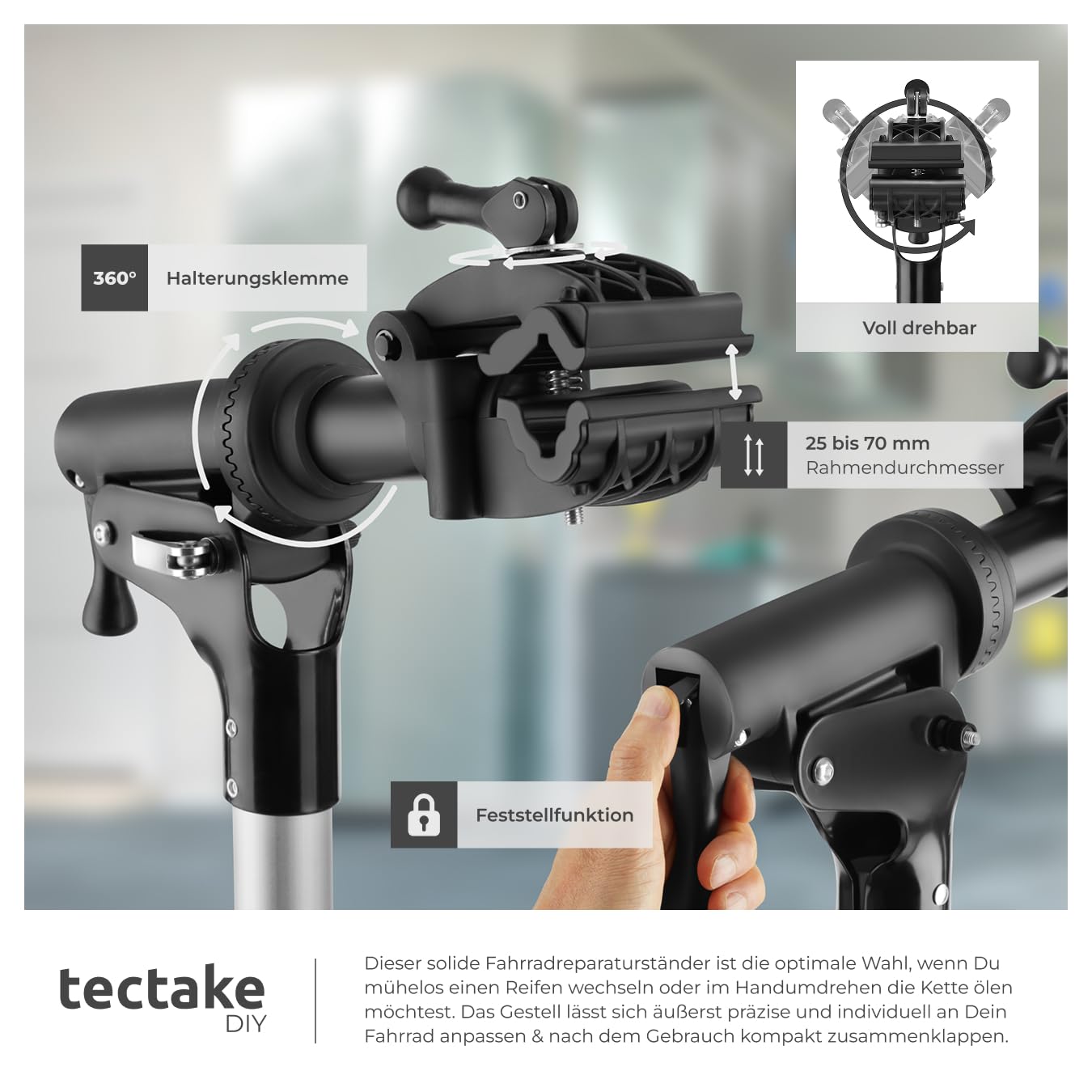 tectake® Fahrrad Montageständer, Belastbarkeit 50kg, Reparaturständer für e Bike, Rennrad, Bike Stand zur Fahrrad Reinigung, Pflege, klappbar, höhenverstellbar, drehbar, magnetische Werkzeugablage