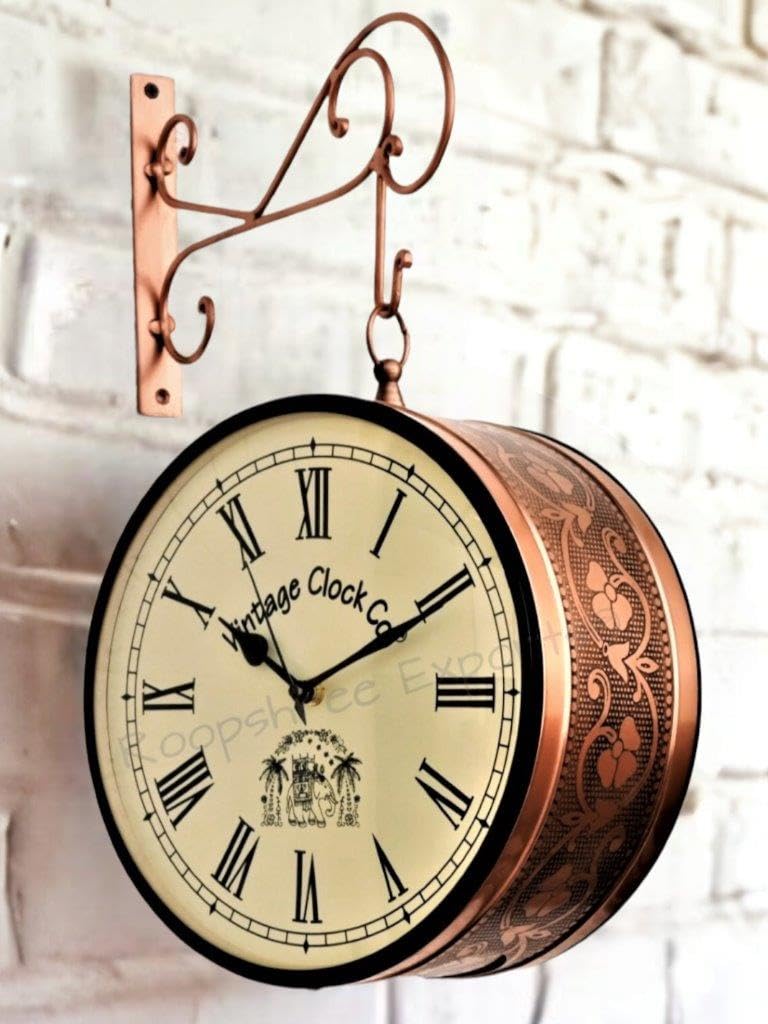 Iron Handcrafted Double Side Analog Clock With Roman Numbers 1 Year Warranty (6 Inches Size, Rose Gold Finish, Floral Design, Vc-65471)