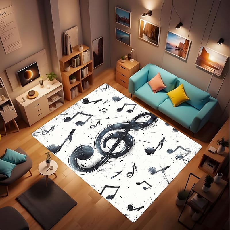 Black and White Music Note Rug Home Decor Rug, Note Carpet for Living Room Bedroom, Music Theme Area Rug, Washable Durable Soft Low Pile Indoor Rugs