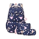 Mochila Escolar Feminina com 3 Peças, Estampa de Bolinhas, Kit com Bolsa de Lanche e Estojo, Rosa/Azul/Preto (Azul escuro)