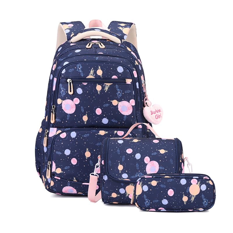 Mochila Escolar Feminina com 3 Peças, Estampa de Bolinhas, Kit com Bolsa de Lanche e Estojo, Rosa/Azul/Preto (Azul escuro)
