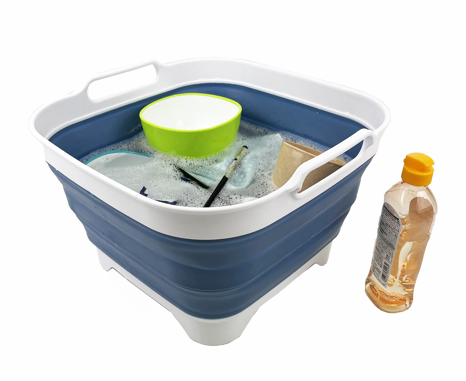 SAMMART 10L Pelle Pliable avec Bouchon de Vidange - Lavabo Pliable - Cuve à Vaisselle Portable - Gain de Place (Blanc/Bleu Métallisé)