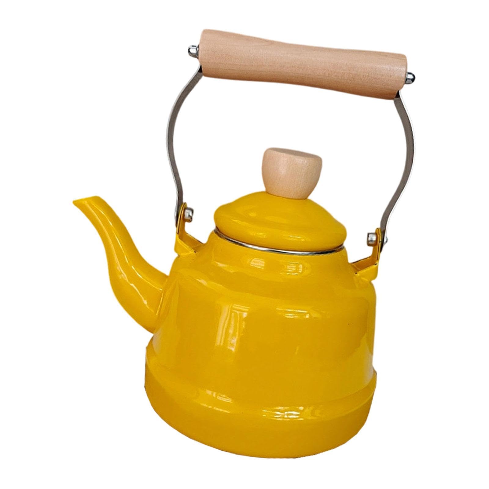 Teekessel Emaille Teekanne Wasserkocher Kaffeekanne mit Hitzebeständigem Holzgriff Und Keramischem Gehäuse für Herd Küche Haushalt Geschenk, Gelb
