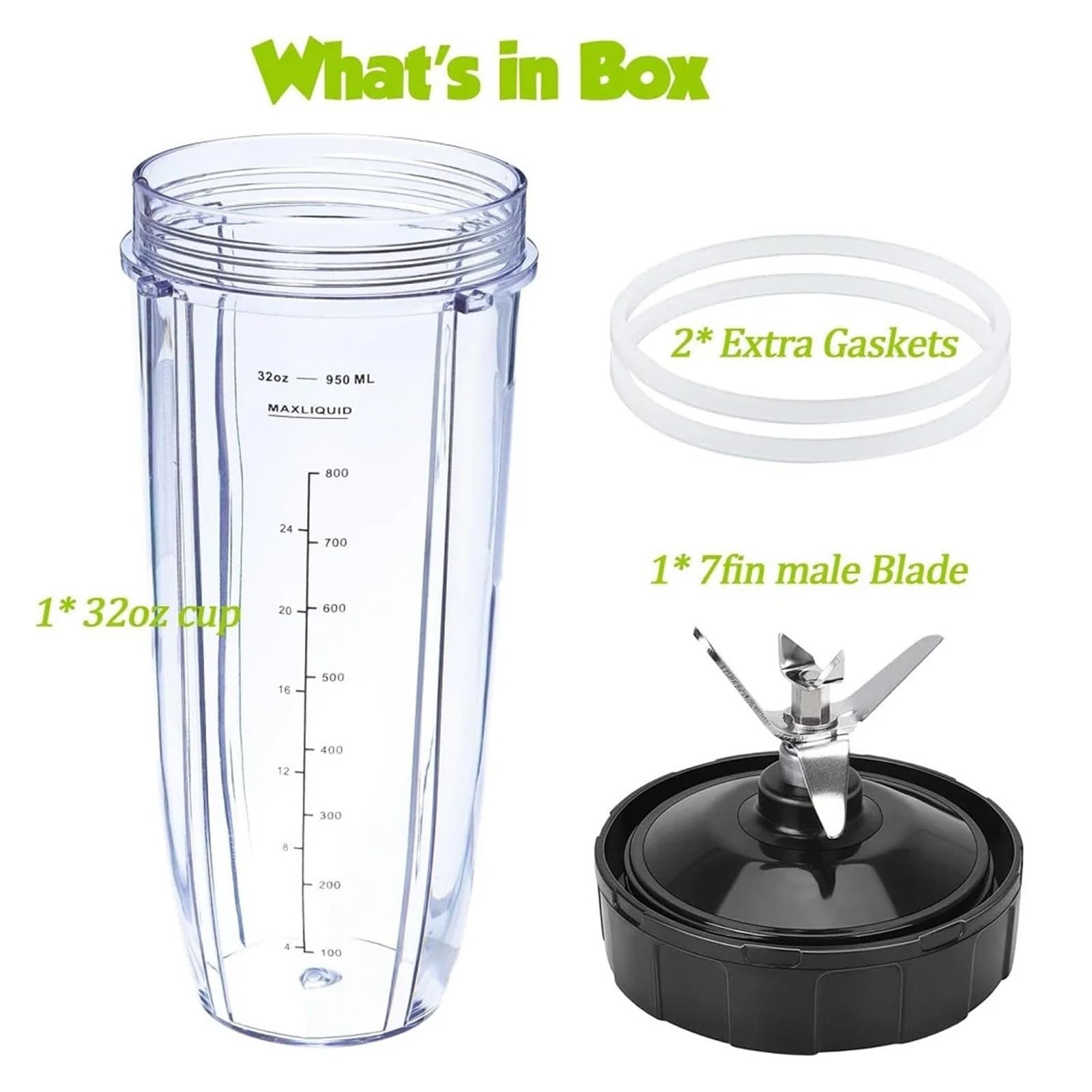 Lame Mâle De Remplacement À 7 Ailettes Et Tasse De Mélangeur De 32oz Compatible for Nutri, Compatible for Ninja, Mélangeur [lame Mâle À 7 Ailerons De 4 Pouces] Pièce De Rechange for Tasse