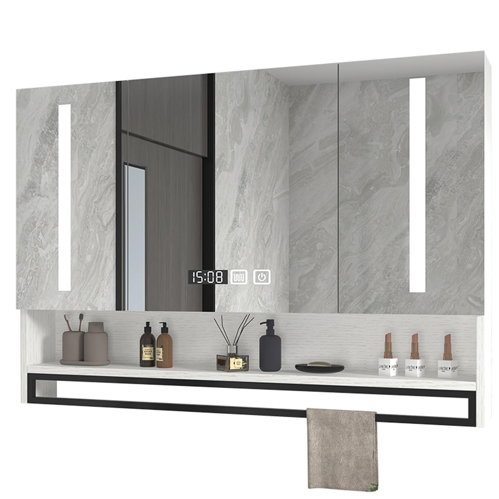 Intelligenza moderna pensile bagno con specchio，Funzione disappannante，specchio bagno con luce e armadietto Tocco intelligente，Mobiletto a Specchio for Bagno con Stoccaggio,visualizzazione in tempo re