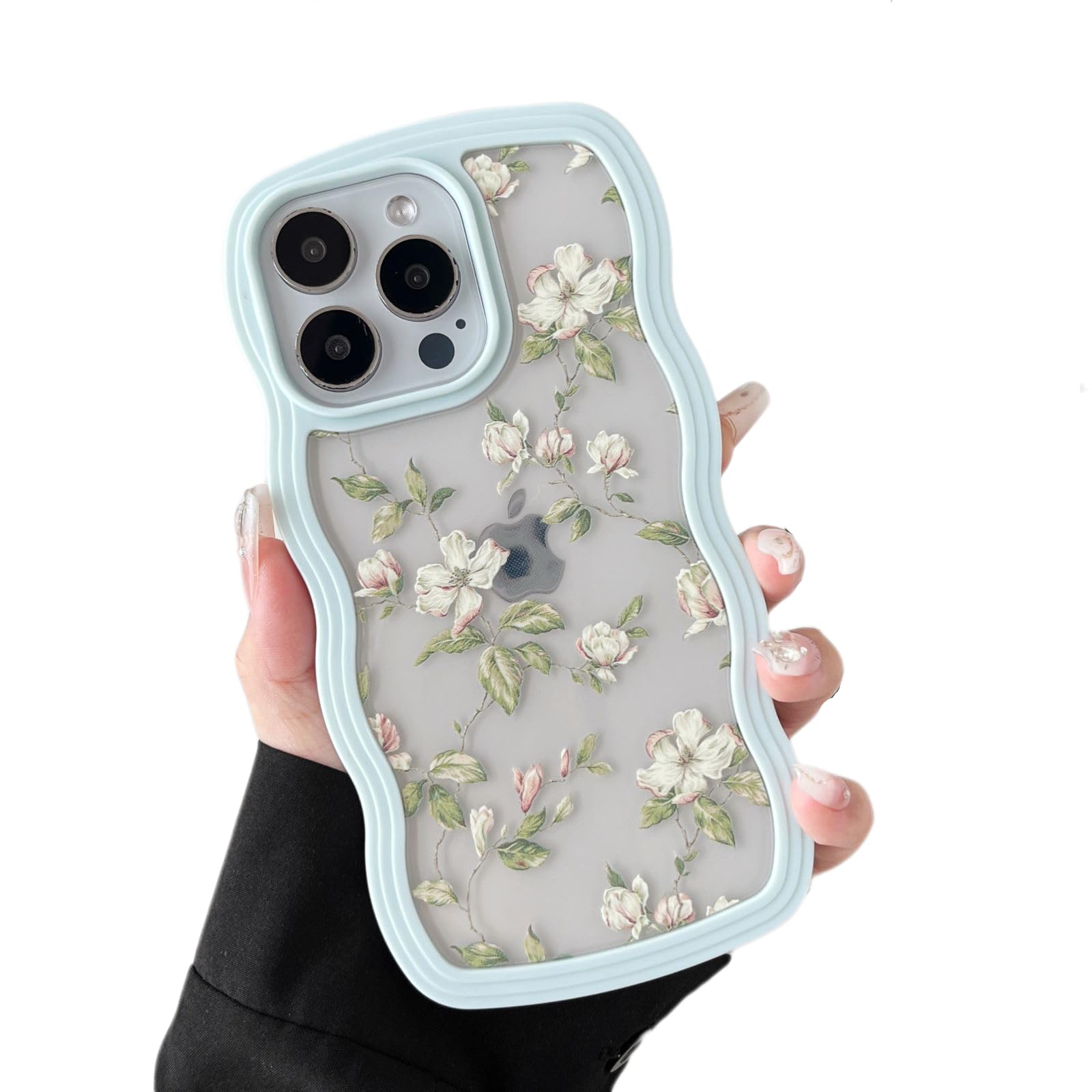 ZTOFERA Floral Case for iPhone 12 Pro Max 6.7 inch,Cute Curly Wave Frame Shape Case with Green Leaf Flower Pattern for Women Girls, Clear Soft Slim Shockproof Phone Case for iPhone 12 Pro Max, Green