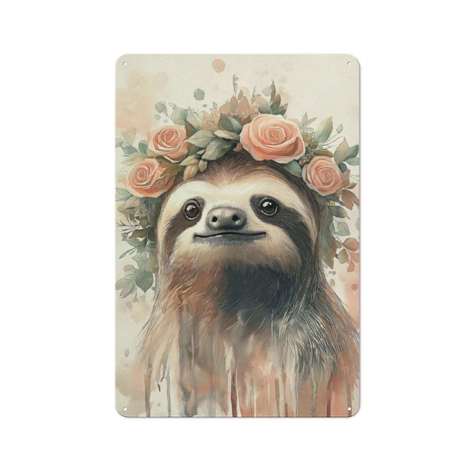 Retro Tin Sign 30x20cm Featuring Sloth with Floral Crown for Bar Or Restaurant, for Metal Sign Collectors, for Garage And Workshop Walls