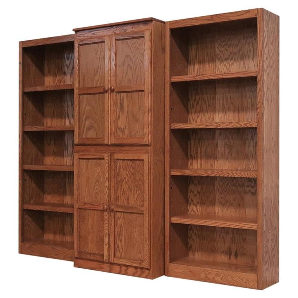 BOWERY HILL Traditional 72" 15-Shelf Wood Bookcase Wall, Dry Oak Finish, 3 Doors, 9 Adjustable Shelves, 6 Fixed Shelves, Genuine Wood Veneer, Durable