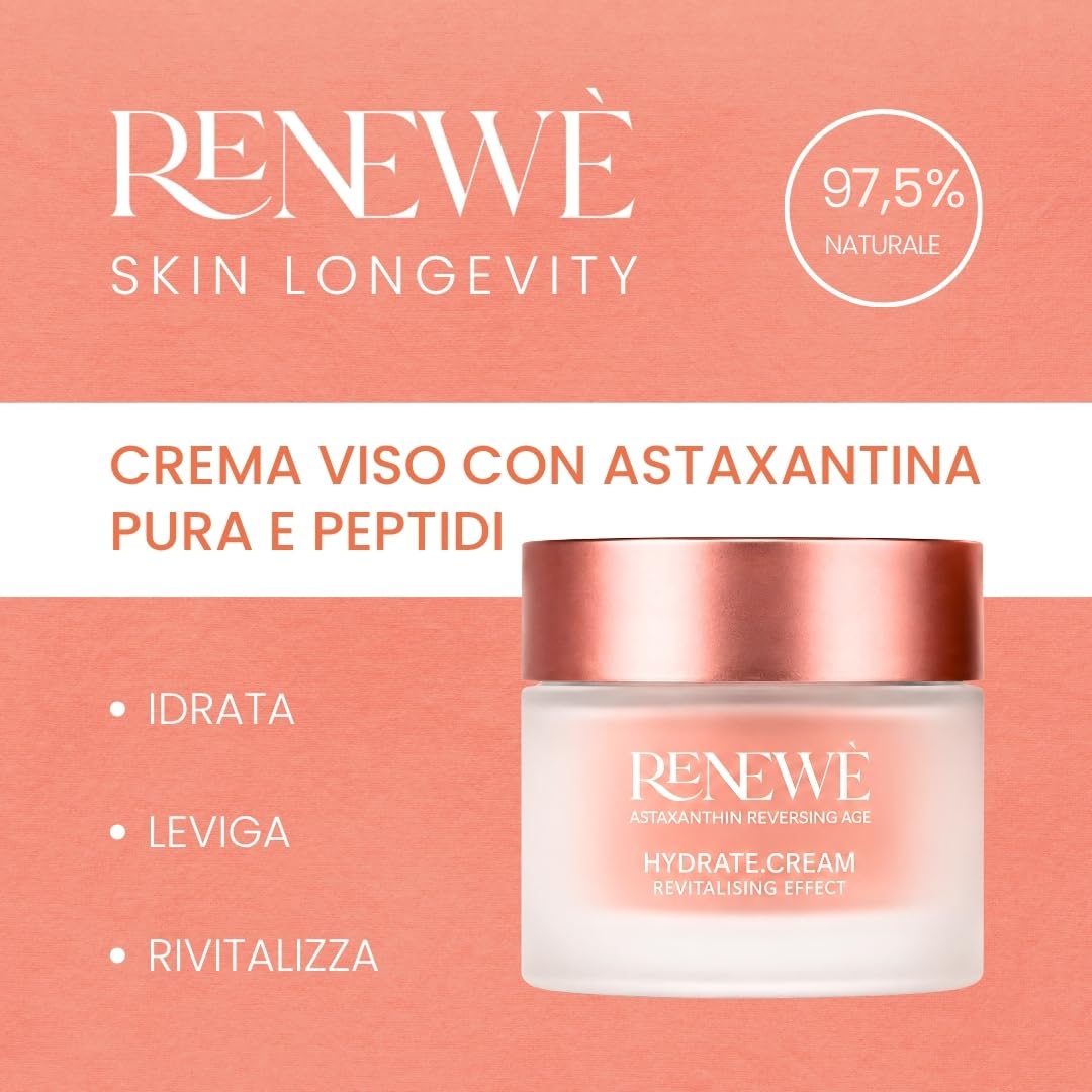 Renewè HYDRATE.CREAM Crema Viso Idratante Antiage Antiossidante con Astaxantina Pura, Vitamina C, E e Acido Ialuronico - Texture Leggera a Rapido Assorbimento - 50 ml