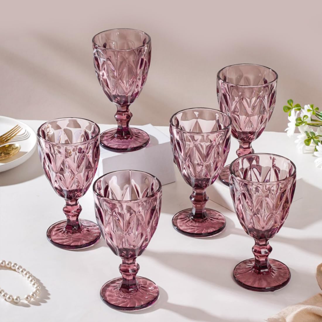 Nestasia Vintage Wine Glasses Set of 6 | Purple Geometric-Patterned Stemmed Glasses | Perfect for Red & White Wine, Champagne, Water, Juice, Mocktails & Cocktails (300ml Each) | Ideal for Gifting