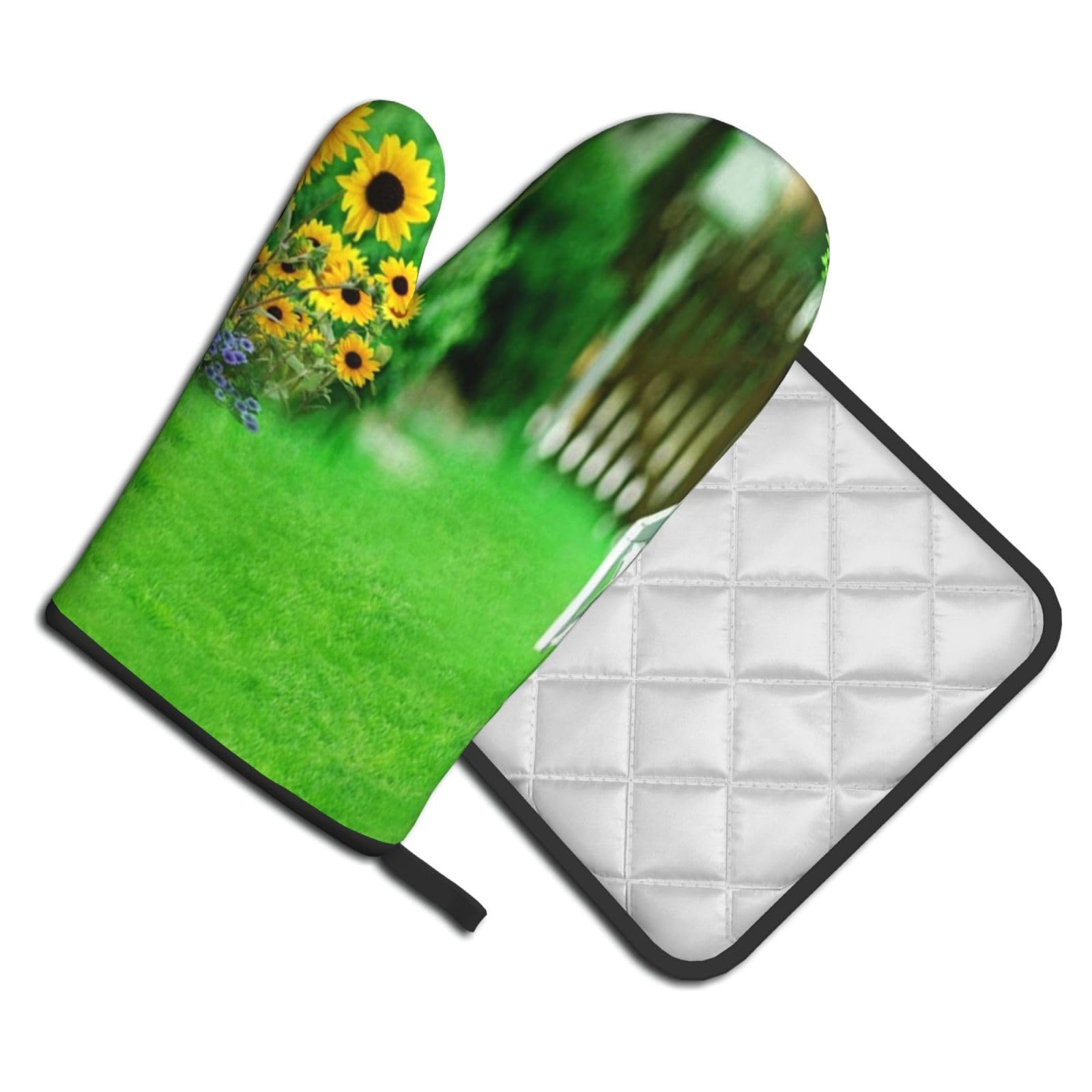 Oven Mitts and Pot Holders Set of 2 Pcs, Vine Fence Grassland Sunflower Printed Heat Resistant Kitchen Gloves Potholders for Cooking Baking Grilling