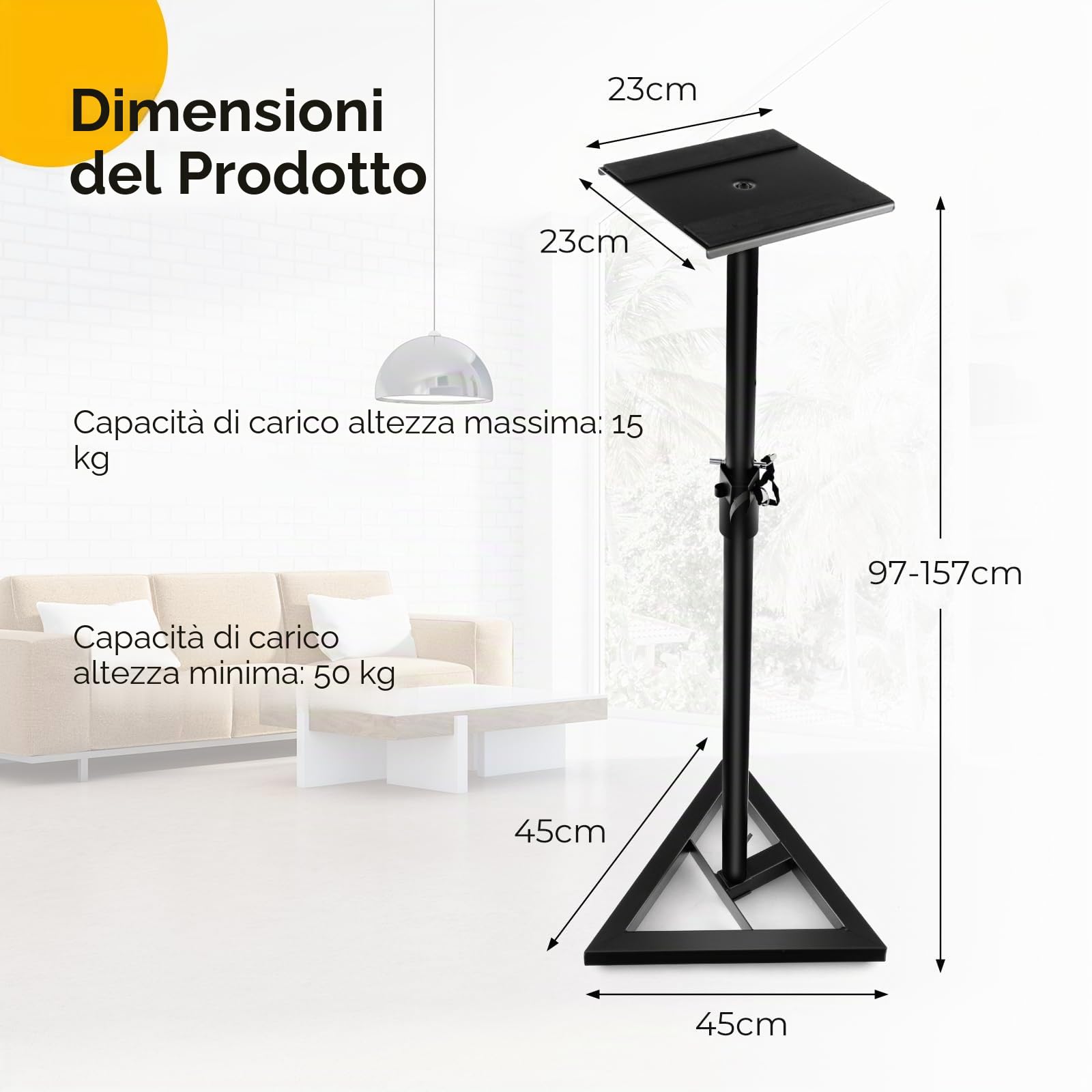 KOMFOTTEU Set di 2 Supporti per Altoparlanti da Pavimento, Regolabile in Altezza da 97 a 157 cm, Stabile con Struttura a 3 Zampe, Vassoio in Metallo fino a 50 kg, Stativi per Casse Audio, Nero