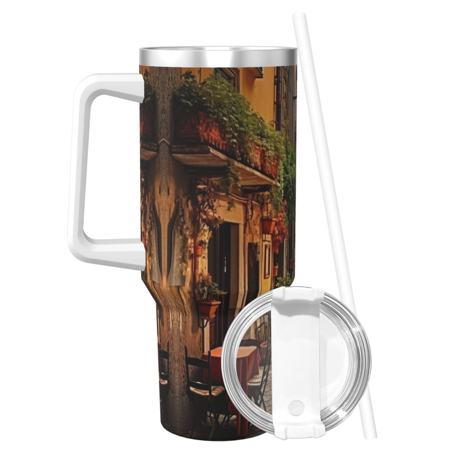 Italian Old Street Wasserflasche aus Edelstahl, doppelwandig, isoliert, mit Griff und Strohhalm-Deckel, 1,2 l