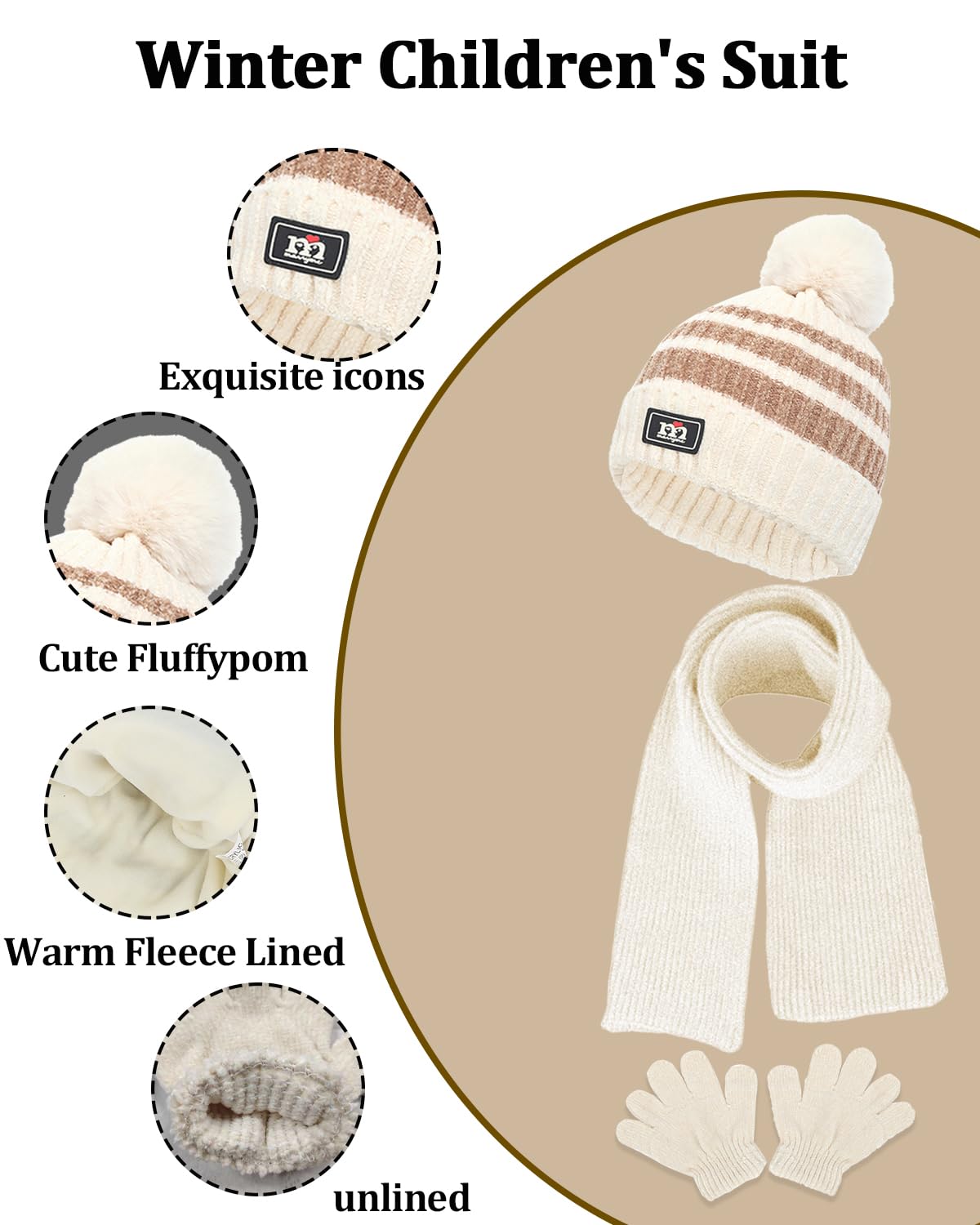 JFAN 3in1 Conjunto de Gorro Guantes y Bufanda de Invierno para Niños Térmico con Pompon Chenille 1-5 Años