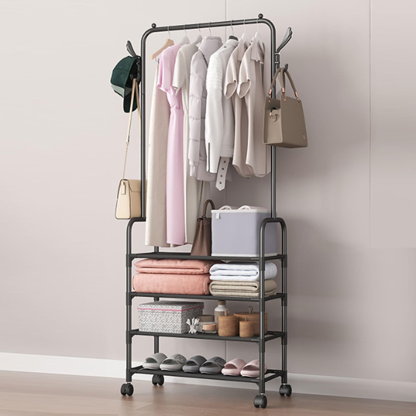 Perchero con ruedas 3 en 1 con estantes para ropa y accesorios