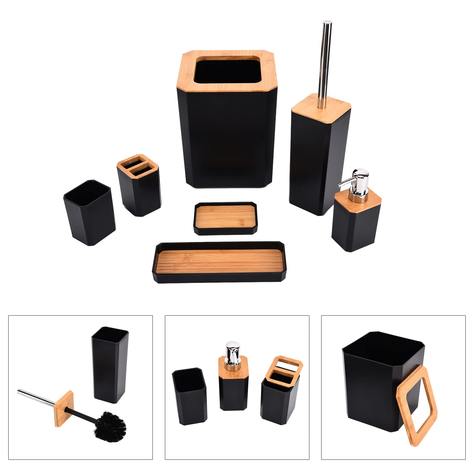 Aramox Juego de Accesorios de Baño de bambú Juego de Baño de 7 Piezas con Caja de ABS Soporte para Cepillo de Dientes Escobilla de Papelera y Bandeja para el del Hotel en Casa (Black)