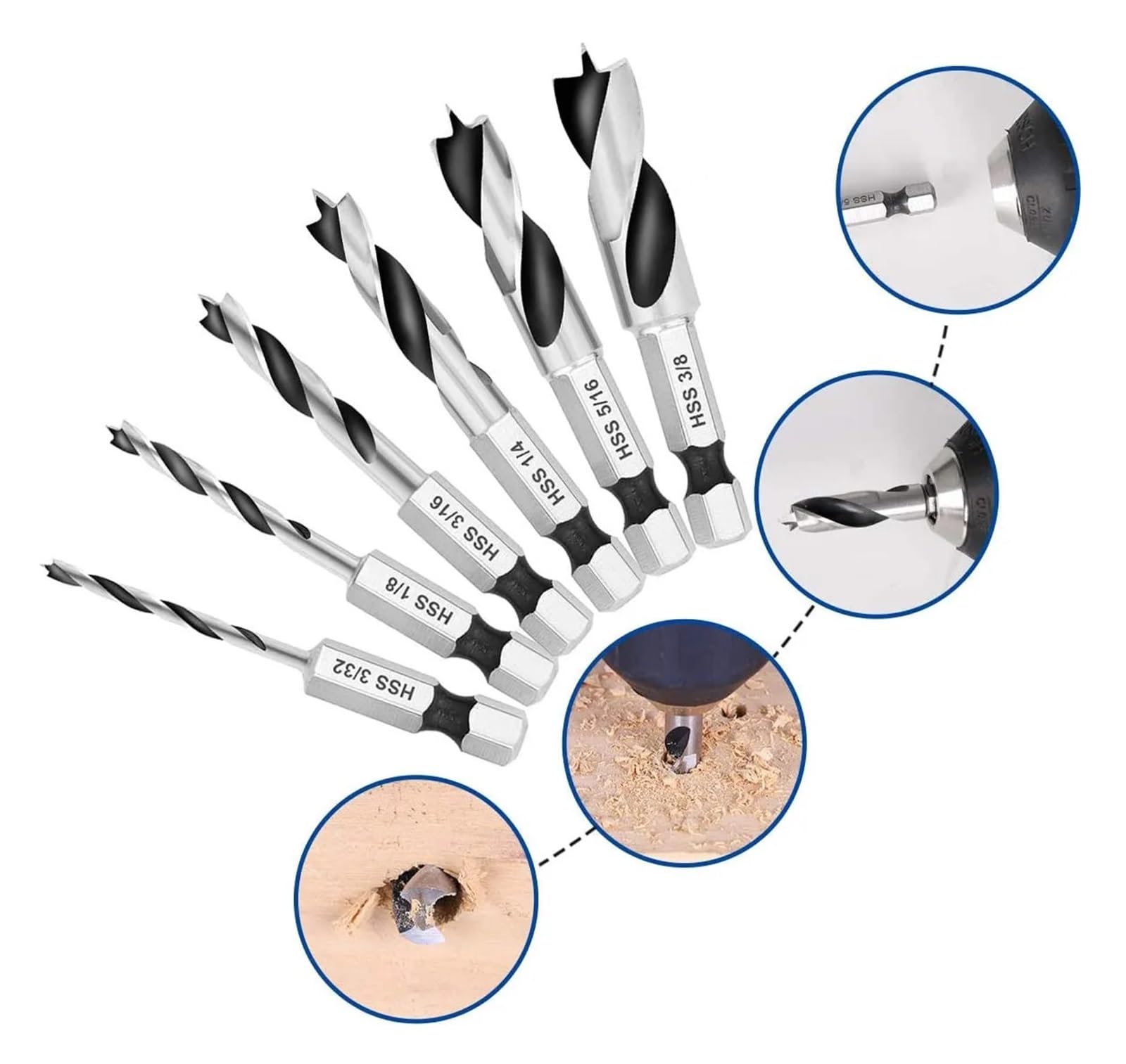 Juego de brocas for carpintería con mango Hexagonal, 6 uds., 3/32 ", 1/8", 3/16 ", 1/4", 5/16 ", 3/8", brocas for herramienta eléctrica de escariado de agujeros de madera