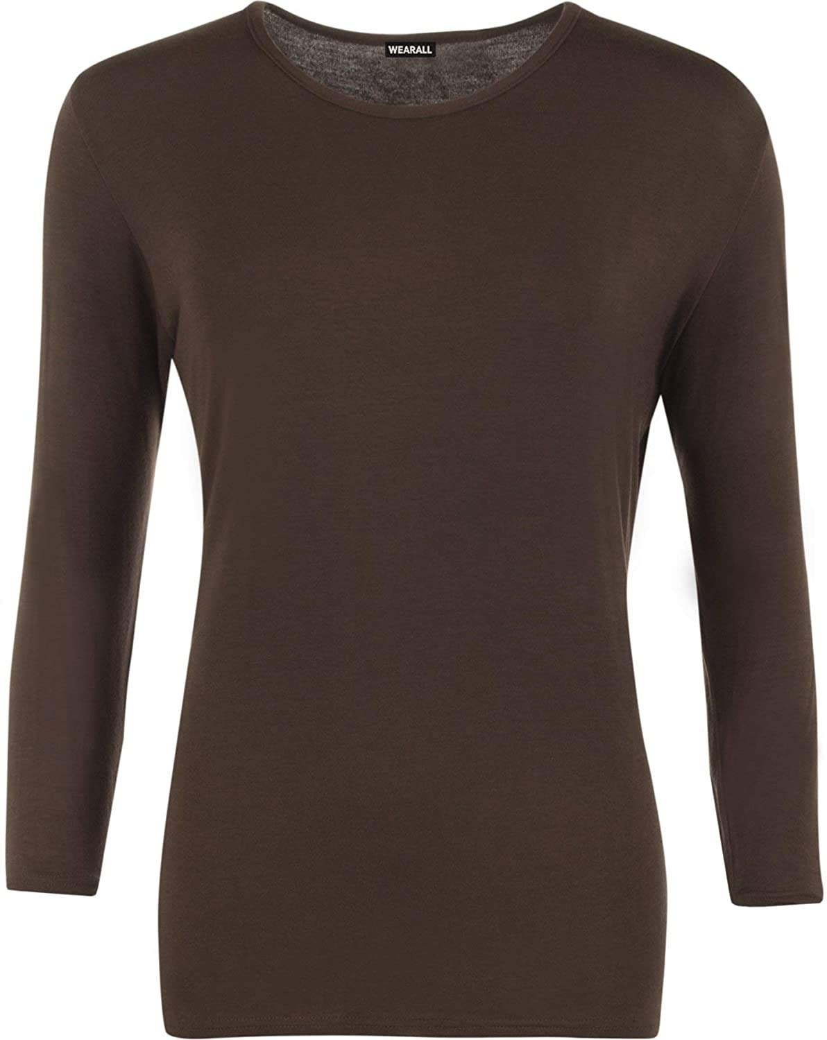 GirlzWalk Women's Plain Long Sleeve T-Shirt Basic Casual Plain Stretch Top Plus Size (Brown, SM = UK 8-10)
