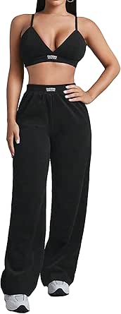 Verdusa Women's 2 Piece Outfits Letter Patched Crop Cami Top and Straight Leg Pants Set Black Petite-M