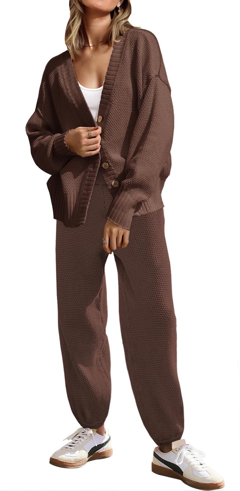 Womens Two Piece Outfits Knit Sweater Sets Oversized Button Down Cardigan and Long Pants Matching Lounge Set