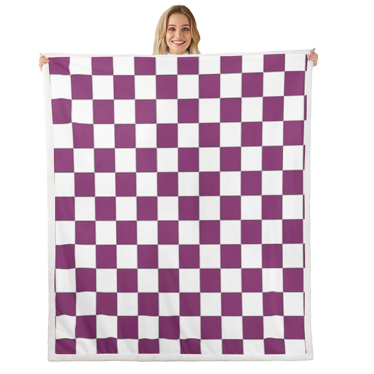 Erosebridal Girls Purple Checkered Fleece Bed Blanket White Lavender Buffalo Plaid Grid Throw Blanket Throw 50"X60",Checkerboard Sherpa Blanket for Kids Teen Women Geometrical Gingham Fuzzy Blanket